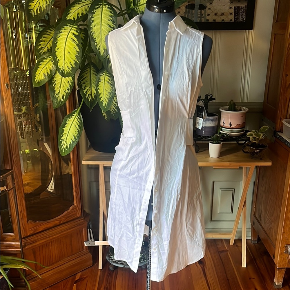 Project Runway Sleeveless White Button-Down Dress, Read